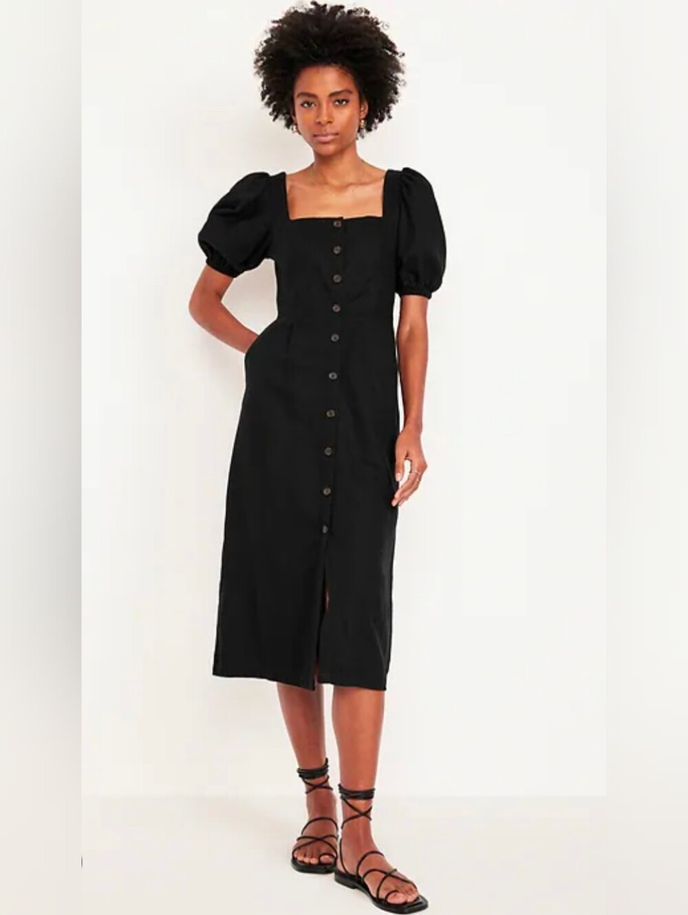 Old Navy Black Midi Button-Front Puff Sleeve Dress